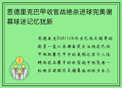 恩德里克巴甲收官战绝杀进球完美谢幕球迷记忆犹新 恩德里克巴甲收官战绝杀进球完美谢幕球迷记忆犹新